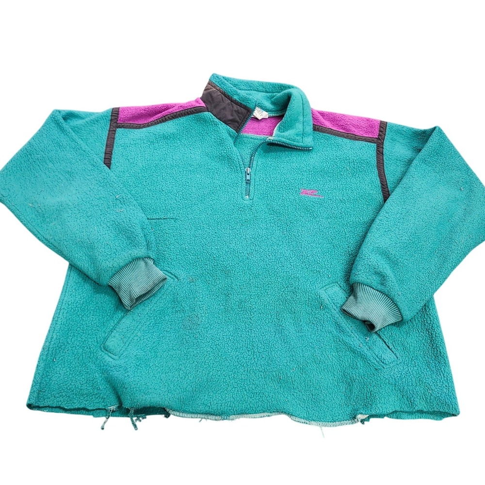 Vintage 90s Fahrenheit Fleece Pullover Teal Purple Quarter Zip Made In Taiwan L